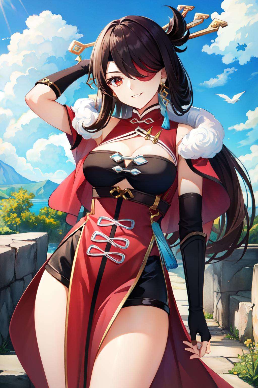 beidou(genshin impact), smile, one eye covered, brown hair, cleavage, bird, eyepatch, solo, hair over one eye, sky, fingerless gloves, thighs, black gloves, red eyes, outdoors, hair ornament, jewelry, dress, earrings, gloves, day, cloud, long hair, looking at viewer, red dress, blue sky, pelvic curtain, chinese clothes, 1girl, hairpin<lora:beidou-12:1>