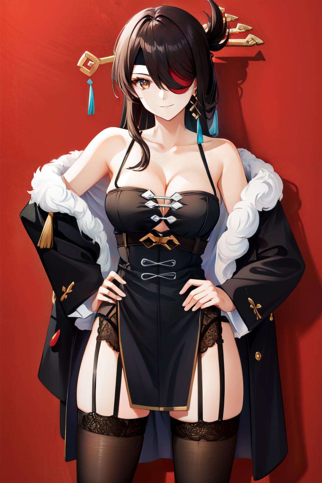 beidou(genshin impact), smile, one eye covered, brown hair, cleavage, eyepatch, solo, black thighhighs, hair over one eye, simple background, short dress, collarbone, thighs, black dress, bare shoulders, dress, garter straps, long hair, looking at viewer, thighhighs, long sleeves, red background, off shoulder, 1girl, large breasts<lora:beidou-12:1>