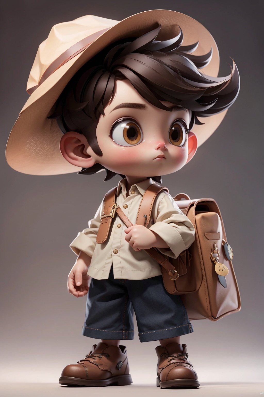 masterpiece, best quality, 8k, official art, cinematic light, ultra high res, 1boy, child, solo, bag, brown eyes, hat, brown hair, full body, standing, short hair, grey background
