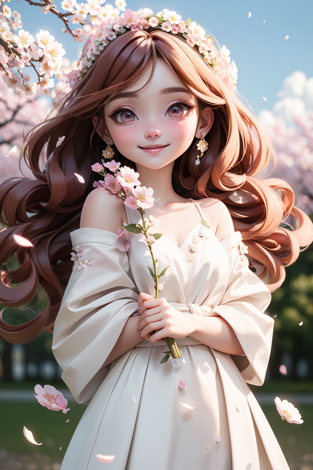 masterpiece, best quality, 8k, official art, cinematic light, ultra high res, 1girl, cherry_blossoms, falling_petals, petals, branch, pink_flower, 1girl, 20-year-old, blue_sky, spring_\, (season\), petals_on_liquid, flower, hanami, dress, (golden long curly hair: 1.5), wearing flower wreath, sky, outdoor, Clouds, bangs, smile, pink eyes, white dress with cherry blossoms, bare shoulders, earrings, best quality. Picture perfect. holding_flower, wind, tree, looking_at_viewer, cowboy shot, detail enhancement