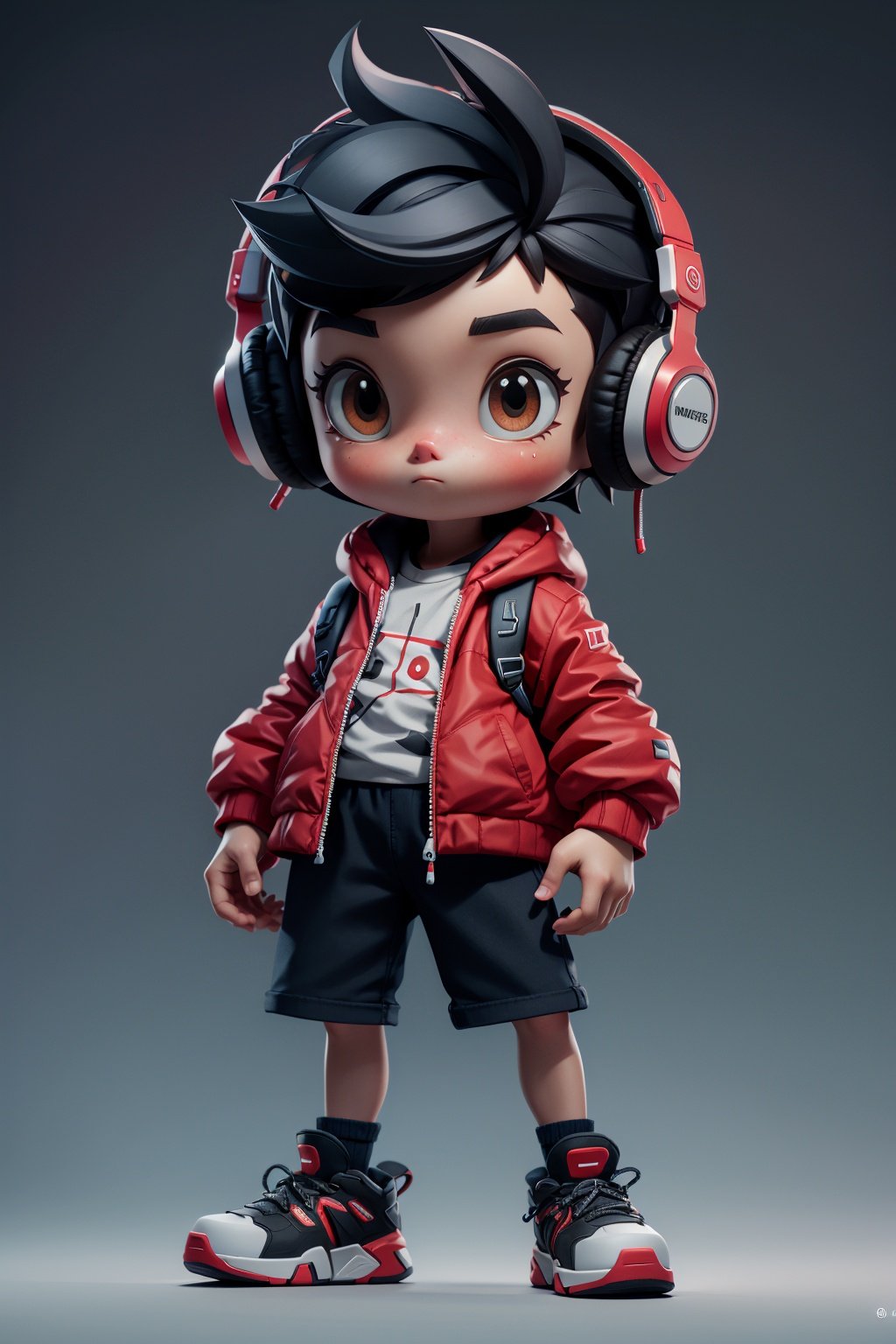 masterpiece, best quality, 8k, official art, cinematic light, ultra high res, 1boy, child, red jacket, shorts, black hair, headphones, backpack, standing, full body