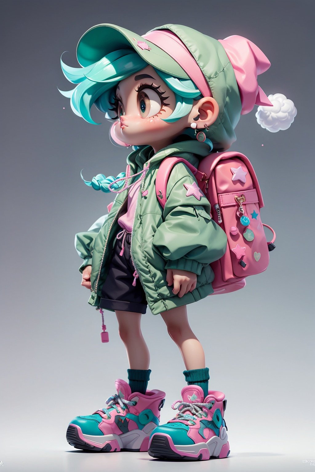 masterpiece, best quality, 8k, official art, cinematic light, ultra high res, 1girl, child, solo, shoes, pink headwear, hat, jacket, star \, (symbol\), bag, backpack, standing, full body, sneakers, socks, closed mouth, shorts, long sleeves, jewelry, braid, earrings, long hair, pink footwear, hood, drawstring, open jacket, hood down, gradient, open clothes, bright pupils, gradient background, grey background, green hair