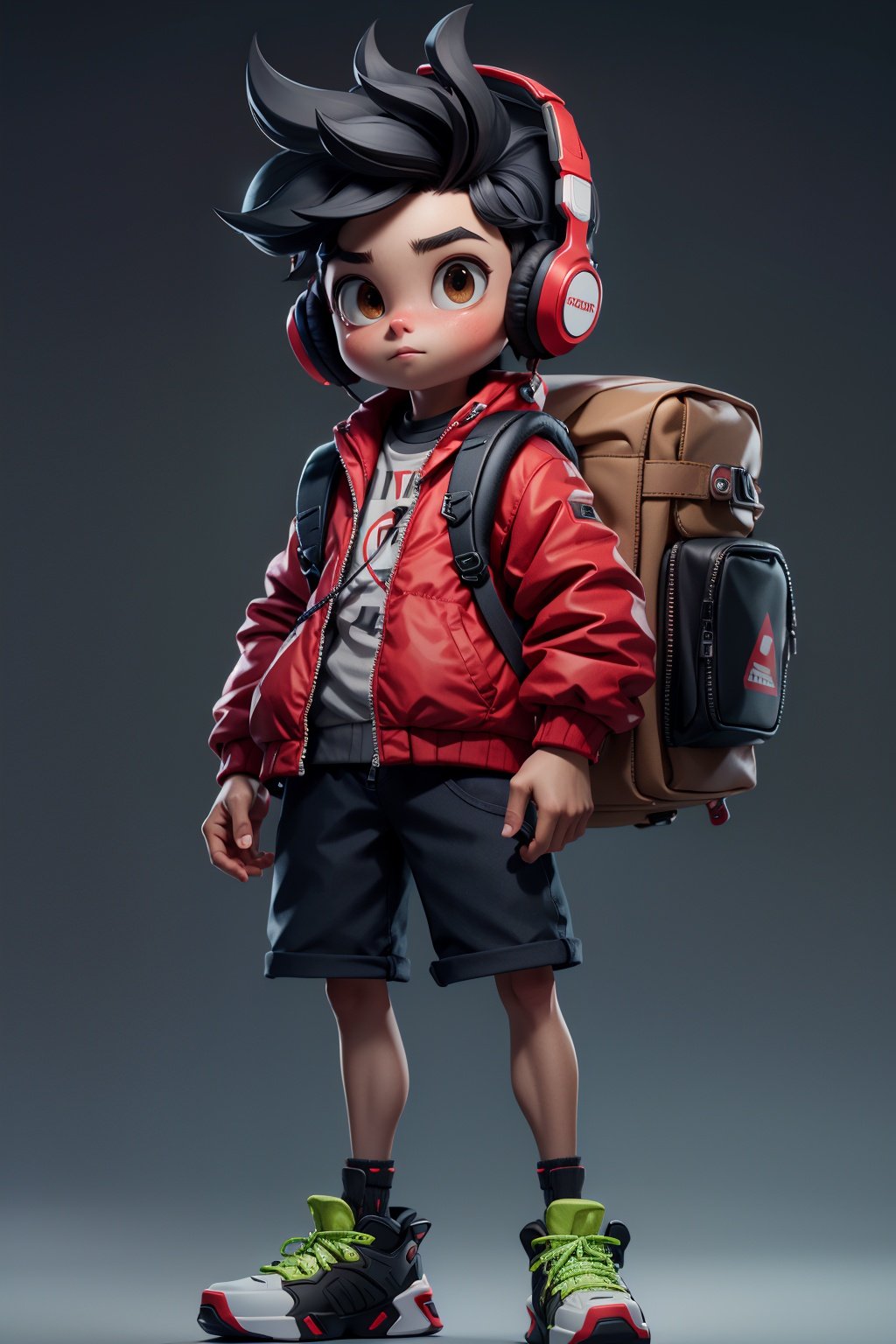 masterpiece, best quality, 8k, official art, cinematic light, ultra high res, 1boy, red jacket, shorts, black hair, headphones, backpack, standing, full body