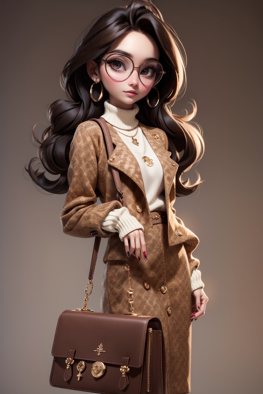 masterpiece, best quality, 8k, official art, cinematic light, ultra high res, 1girl, sexy, mature, solo, jewelry, earrings, glasses, skirt, long hair, bag, looking at viewer, hoop earrings, sweater, white sweater, brown hair, brown eyes, brown background, jacket, brown skirt, sleeves past wrists, turtleneck, long sleeves, holding, brown jacket, brown nails, handbag
