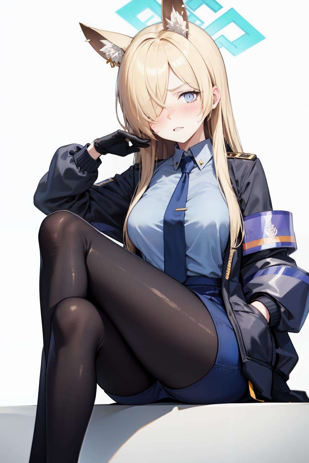 kanna(blue archive), shirt, uniform, black necktie, jacket, blue eyes, long hair, collared shirt, blue skirt, solo, feet out of frame, looking at viewer, blonde hair, crossed legs, black gloves, blush, white background, pantyhose, black jacket, blue shirt, shirt tucked in, long sleeves, sitting, animal ear fluff, necktie, halo, animal ears, 1girl, large breasts, black pantyhose, simple background, hair over one eye<lora:kanna:1>