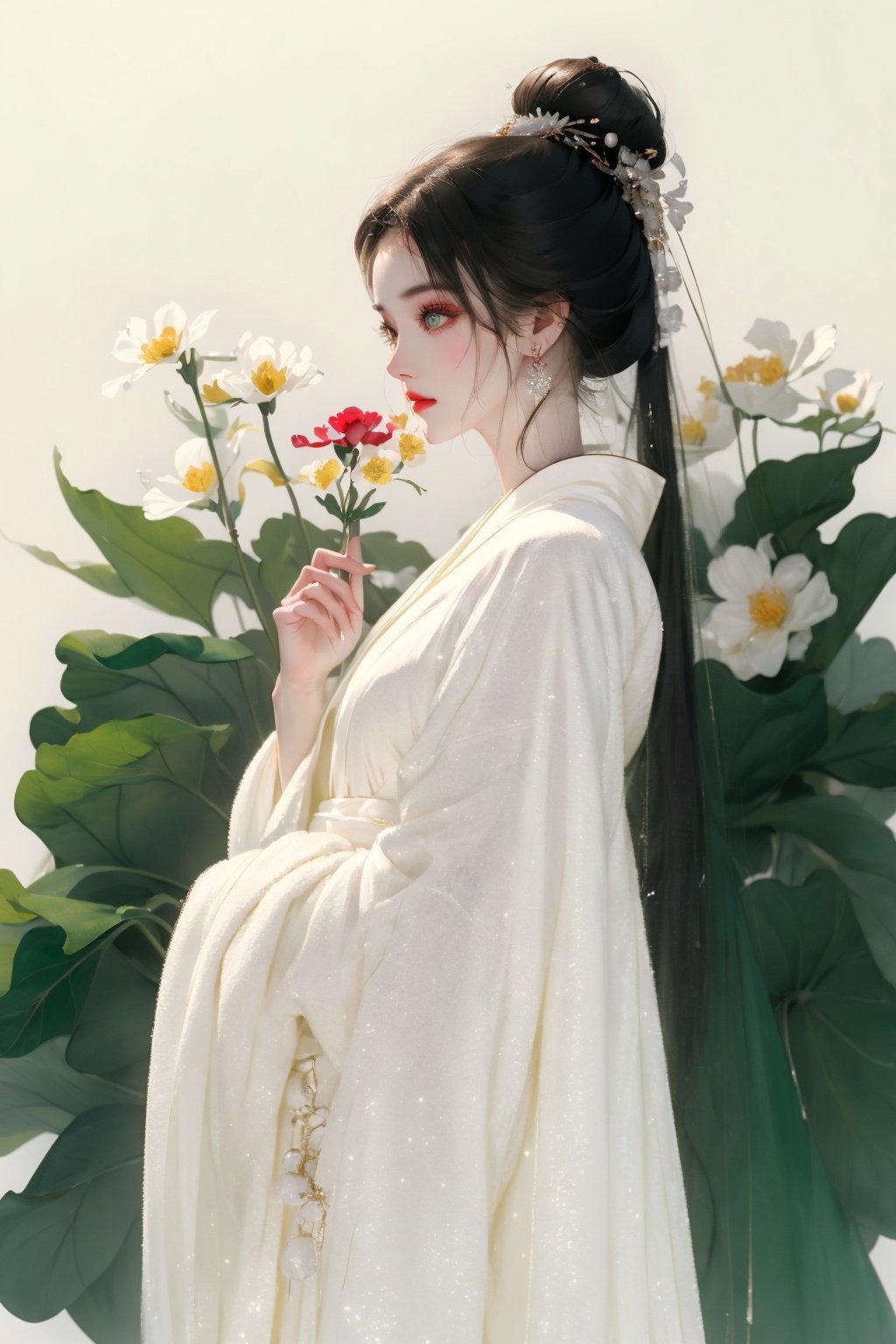masterpiece, best quality, 8k, cinematic light, ultra high res, chinese painting, 1girl, solo, black eyes, flower, hair bun, jewelry, black hair, single hair bun, hanfu, chinese art, white background, long hair, earrings, hair ornament, long sleeves, chinese clothes, from side, green eyes, robe, <lora:chinese-art_05:1>