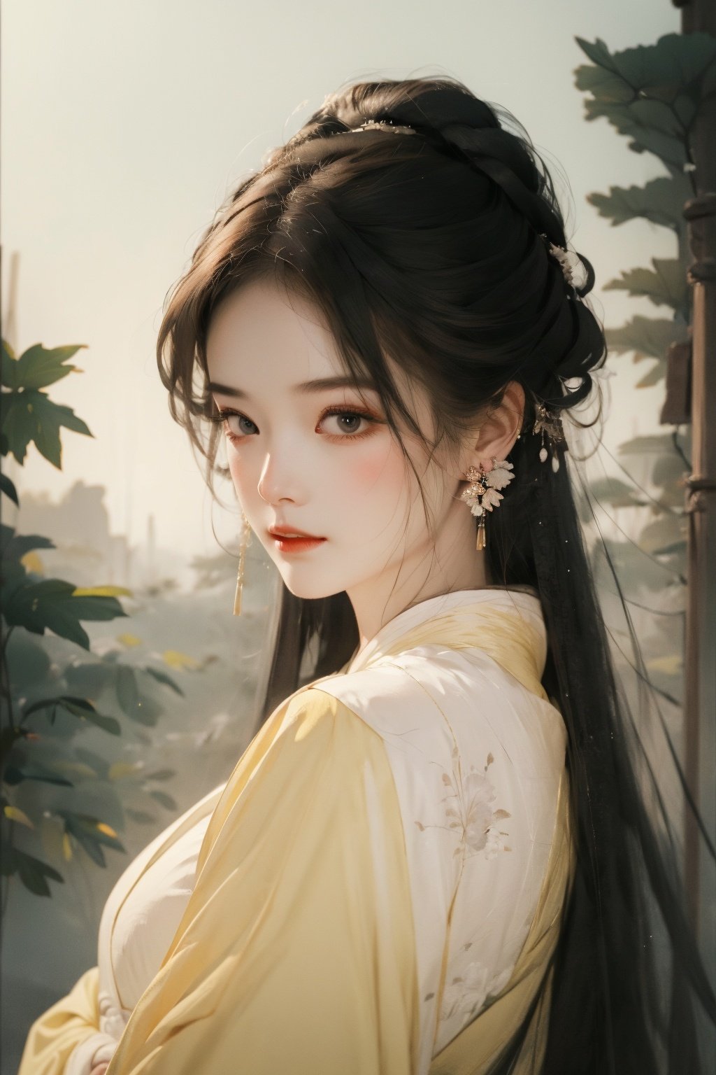 masterpiece, best quality, 8k, cinematic light, ultra high res, 1girl, solo, looking at viewer, hanfu, black hair, earrings, upper body, closed mouth, chinese art, chinese painting, <lora:chinese-art_05:1>