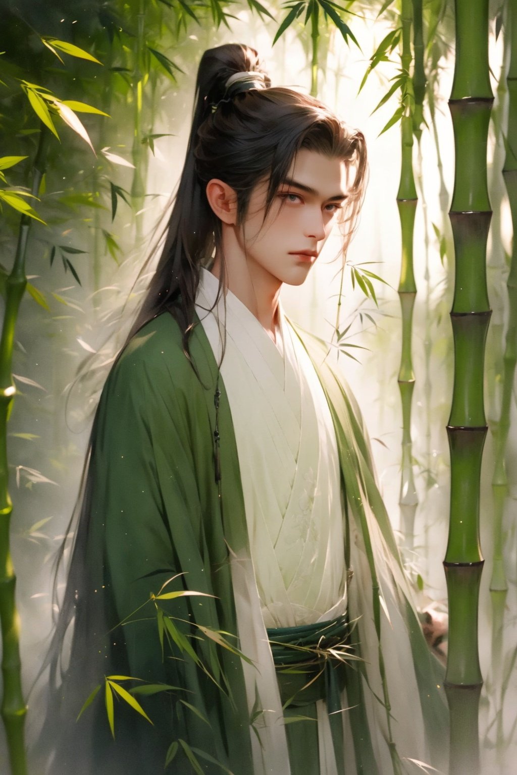 masterpiece, best quality, 8k, cinematic light, ultra high res, chinese painting, 1boy, male focus, bamboo forest, long hair, nature, hanfu, black hair, upper body, high ponytail, sidelocks, day, chinese clothes, chinese art, <lora:chinese-art_05:1>