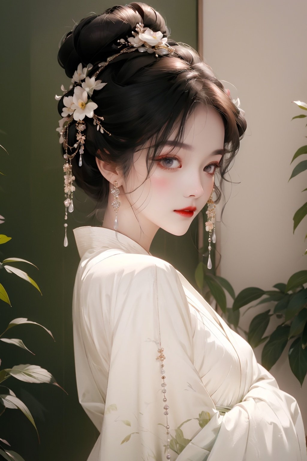 masterpiece, best quality, 8k, cinematic light, ultra high res, chinese painting, 1girl, hair ornament, solo, jewelry, flower, earrings, hair flower, upper body, chinese art, hanfu, looking at viewer, black hair, beads, hair bun, chinese clothes, from side, bracelet, updo, grey eyes, plants, <lora:chinese-art_05:1>