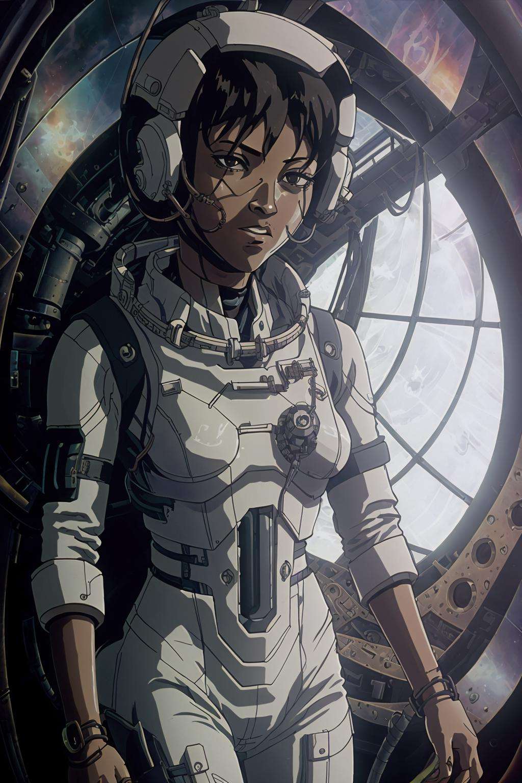 closeup of a girl Nigerian steampunk astronaut in a prismatic chamber, steam powered implants <lora:NEOTOKIO_V0.01:0.9>