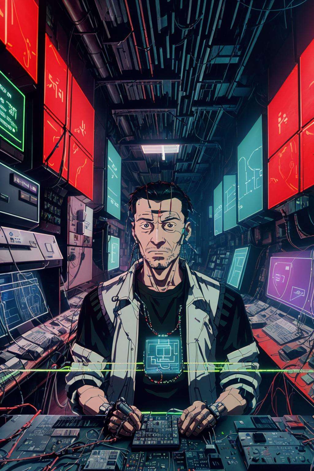 portrait of a cyberpunk hacker in a cybernetic room connected with wires and pipes, neon powered implants <lora:NEOTOKIO_V0.01:0.9>