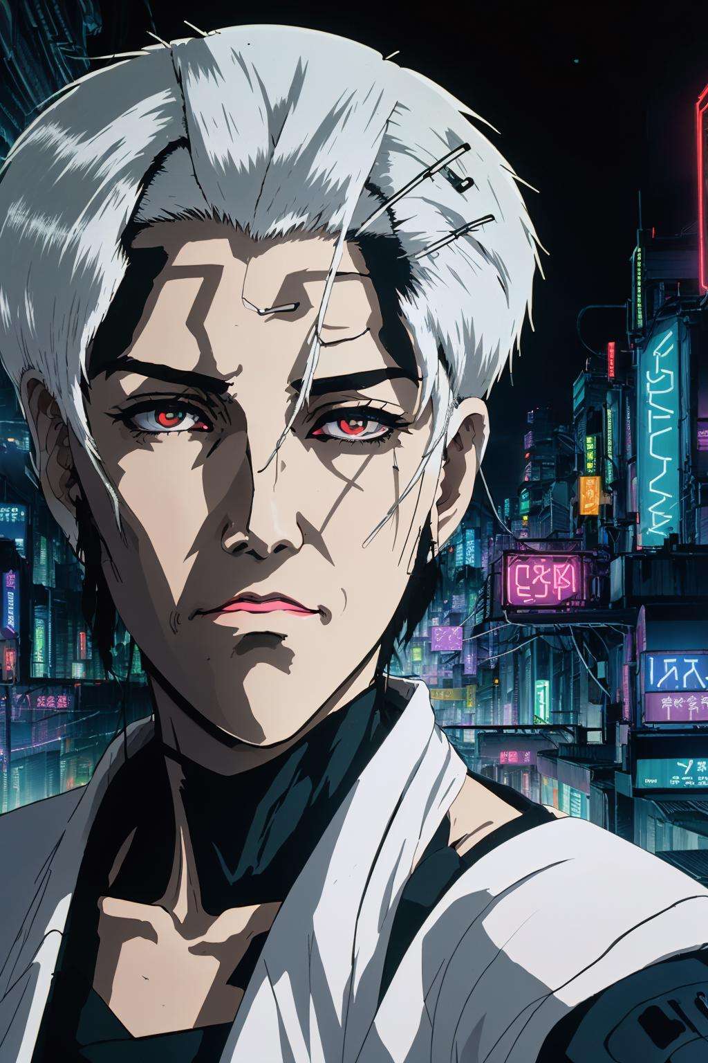 neon city, closeup portrait of a Caymanian woman with (white hair:1.3), Ponytail haircut, buildings, signs, cyber tokio, cyberpunk, (night:1.3), dark <lora:NEOTOKIO_V0.01:0.75>