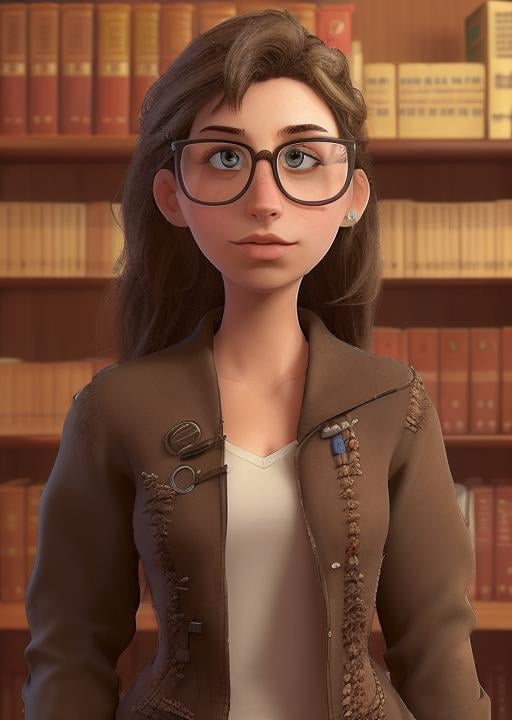 an italian nerdy geeky girl looking away from camera, wearing squared eyeglasses, scruffy curly untidy brown hair, a long scarf, oversized jacket, inside a library, bookshelves on the background, natural light, sweet, shy, serious