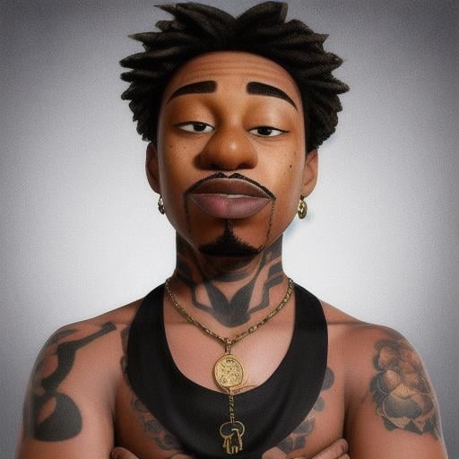 portrait of a thug rapper, tattoos, alley, best quality, masterpiece, big golden necklace