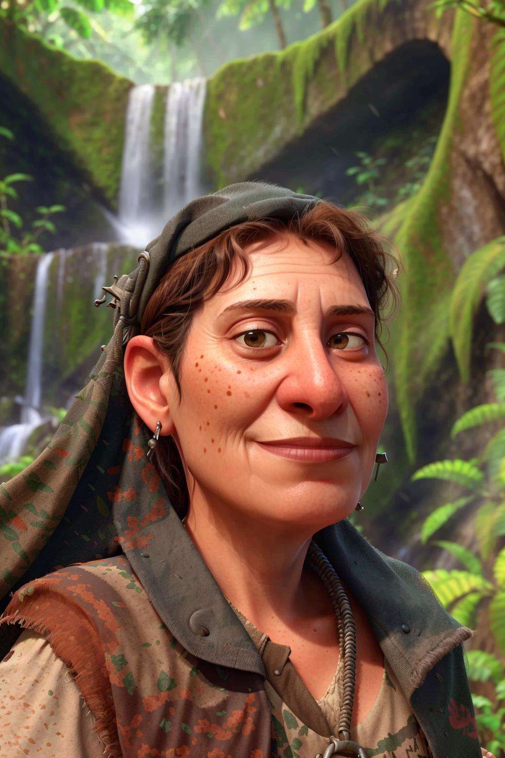 closeup, portrait of an old grandma near a waterfall in the jungle, back to the camera, indiana jones, lara croft, adventurer<lora:PIXAR_0.2:0.8> <lora:NU3d_V2:0.7>