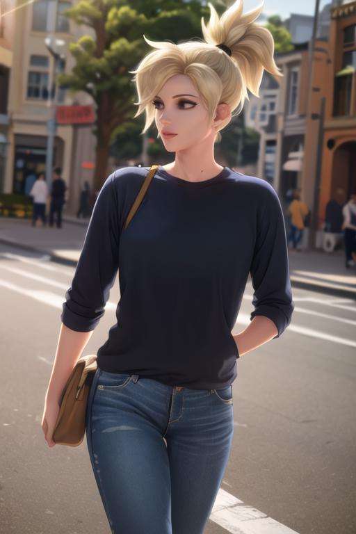 mercy, casual clothes, shirt, jeans, high ponytail, city street, sunlight, <lora:mercy:0.7>, best quality