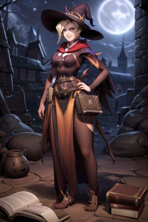 mercy, full body, hands on hips, witch, witch costume, witch hat, book on belt, mischievous face expression, smirk, night sky, moonlight, medieval castle, looking at viewer, <lora:mercy:0.7>, best quality