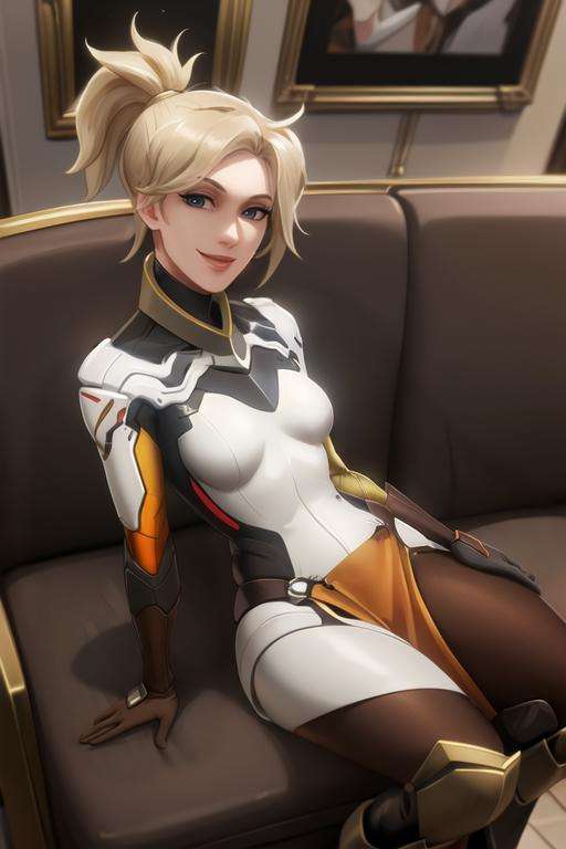 portrait, mercy, waist up, bodysuit, armored boots, loincloth, brown legwear, no wings, high ponytail, looking at viewer, gentle smile, living room, laying on couch, <lora:mercy:0.7>, best quality