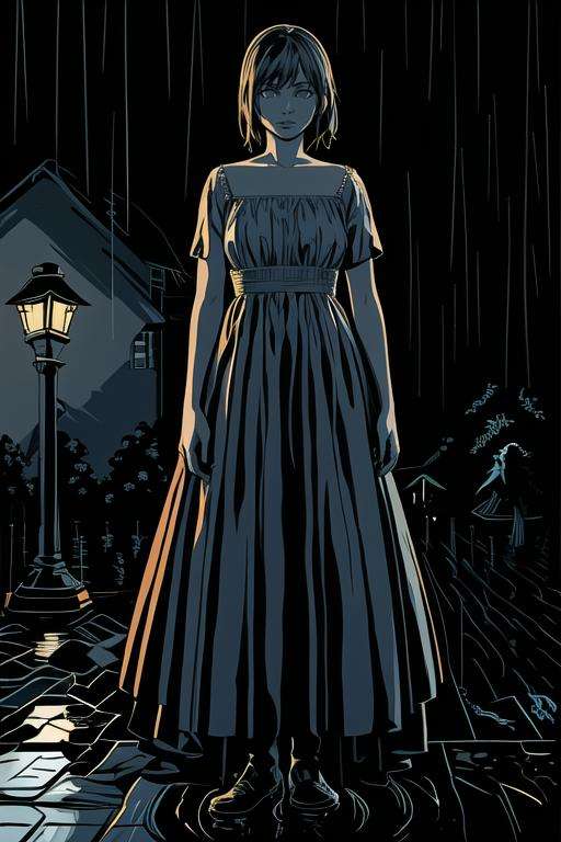 1girl, mature, dress, rain, moonlight, best quality, <lora:protomen:1>, limited palette