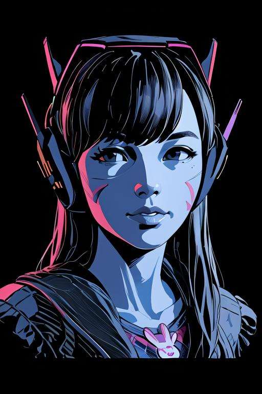 portrait, d.va, cherry blossoms in background, <lora:d.vaV1:0.7>, best quality, <lora:protomen:1>, limited palette