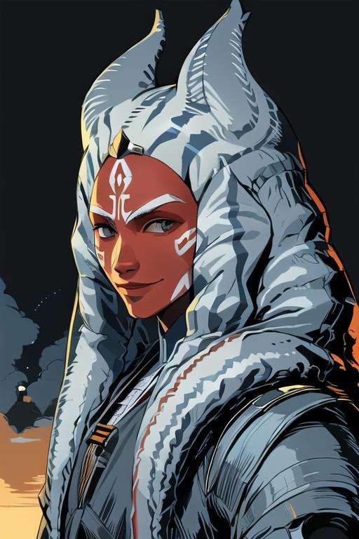 portrait, togruta, red skin, full armor, hopeful smile, sky background, sunlight, best quality, <lora:starWarsTogrutaLORA_togrutaLORA:0.7>, <lora:limitedBlueStyleLORA_v1:1>, limited palette