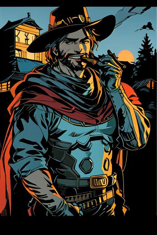 mccree, western setting, red poncho, cape, setting sun in background, smile,  confident pose, cigar in mouth,  <lora:McCreeOverwatch_v1:0.7>, best quality, <lora:protomen:1>, limited palette