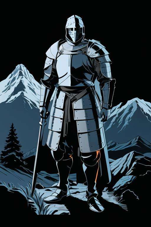 medieval knight, mature, leather armor, mountains, best quality, <lora:protomen:1>, limited palette