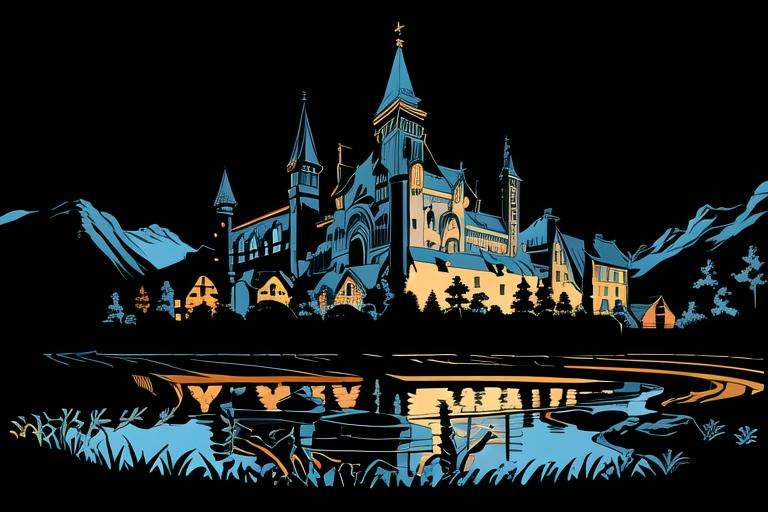 best quality, fantasy medieval castle, lake with reflection, forrest in background, masterpiece, best quality, <lora:limitedBlueStyleLORA_v1:1>, limited palette 