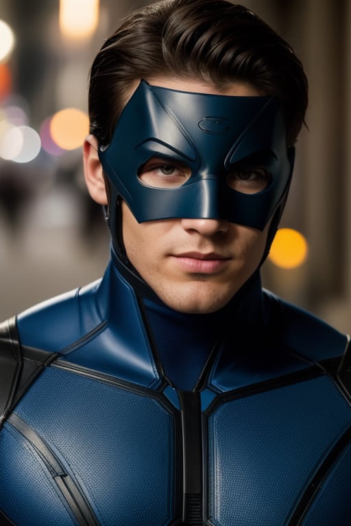 Portrait photo of muscular young guy in nightwing suit,full combat suit, wearing nightwing mask, covered eye mask, well groomed, ((light bokeh)), intricate, elegant, sharp focus, soft lighting, vibrant colors, (masterpiece), ((streets)), (detailed face)+, eye iris, trendy hairstyle