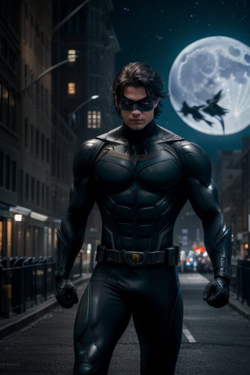 Full body photo of muscular young guy in nightwing suit,nightwing battle suit, full body combat suit, looking at the viewer, battle stance, show legs, wearing nightwing mask, covered eye mask, well groomed, ((light bokeh)), intricate, elegant, sharp focus, soft lighting, vibrant colors, (masterpiece), ((under the moon)), ((dark streets)), ((dark gotham city streets)), (detailed face)+, eye iris, trendy hairstyle ,vane /(granblue fantasy/),flaccid,BrolyCuloMeme, dark gotham city background