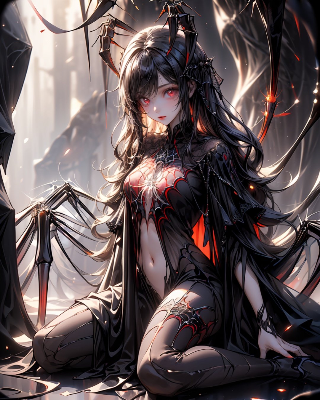 (masterpiece:1.3), (girl sitting in transparent spider abdomen:1.5), (dark cave, dark background:1.4), fluorescent, intricate, full body,surreal,breathtaking,incredible,(best quality),(ultra-detailed, high resolution, extremely detailed),yuzu,1 girl,red eye