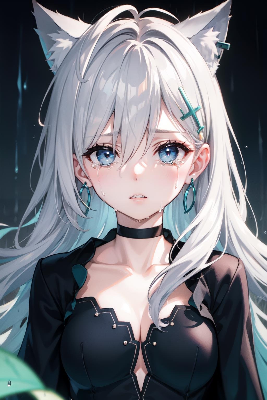 <lora:shiroko_terror_512:1>shiroko(terror), extra ears, long hair, water drop, animal ear fluff, animal ears, looking at viewer, jewelry, rain, stud earrings, upper body, choker, teeth, tears, crying, parted lips, solo, blue eyes, hair ornament, hair between eyes, cross hair ornament, cat ears, collarbone, mismatched pupils, sad, earrings, black choker, 1girl, crying with eyes open, grey hair , pov , looking down , view from bellow ,from bellow