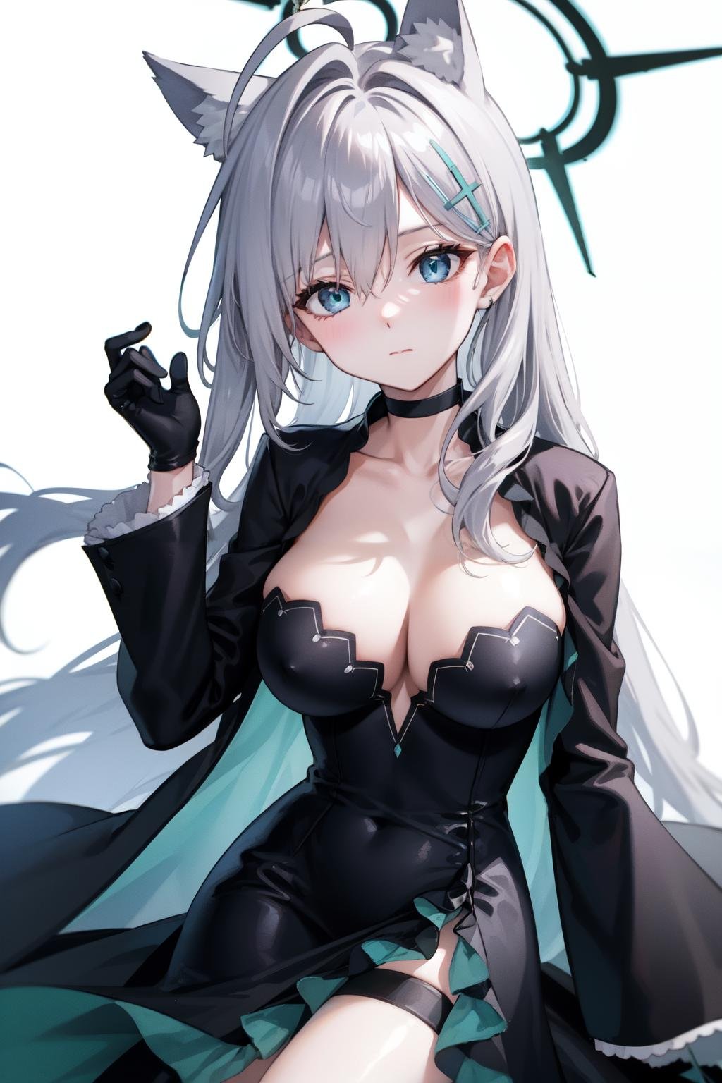 <lora:shiroko_terror_512:1>shiroko(terror), cleavage, extra ears, black dress, long hair, animal ear fluff, animal ears, looking at viewer, gloves, very long hair, choker, long sleeves, blue eyes, halo, solo, blue eyes, large breasts, simple background, hair ornament, white background, jacket, cross hair ornament, ahoge, black choker, closed mouth, black gloves, 1girl, dress, grey hair