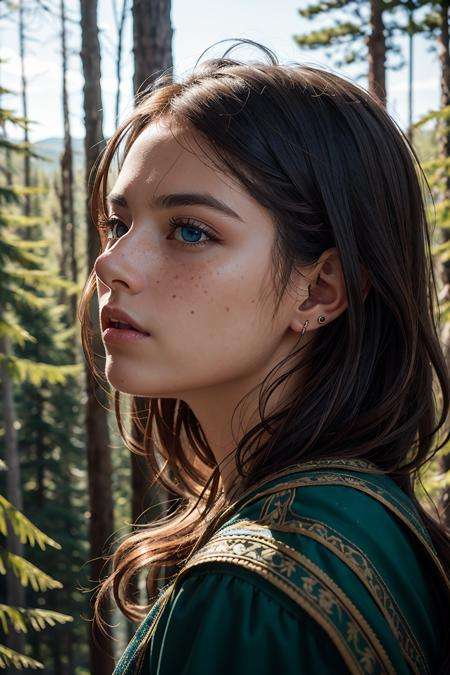 portrait of beautiful women, looking over spruce forest, moody portrait, striking features, beauty, intricate details, dramatic composition, tension, wispy hair, blue eyes, contrast, texture, realism, high-quality rendering, stunning art, high quality, film grain, Fujifilm XT3, acne, detailed skin, freckled