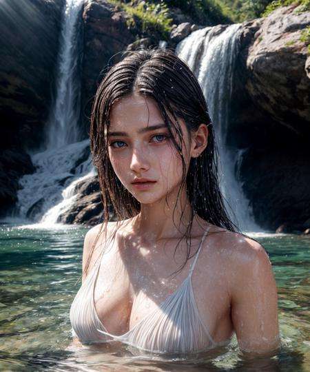 <lora:detailer:1> ,Symmetrical, High Detail RAW Color Photo Professional Close-Up Photo, [:( High Detail Face: 1.2): 0.1], Double tail, half body, pores, real skin, breast focus, straight up, an 18 year old woman under a waterfall, body in contact with water and ripples around, clear clean water, shining eyes, looking at the audience, wet clothes, transparent clothes, wet body, wet hair, Tyndall effect, lens flare, shadow,bloom, natural lighting, hard focus, film grain, photographed with a Sony a9 II Mirrorless Camera, by Laurence Demaison