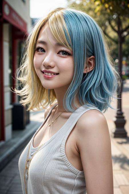 studio light, depth of field, upper body, slender, cute face, smile, beautiful details eyes, 19yo japanese, Voluminous curls, pretty, Plaza, casual ADDCOMM<lora:detailer:1>  ADDBASE(warm blonde hair:1.4) ADDCOL(light blue hair:1.4)