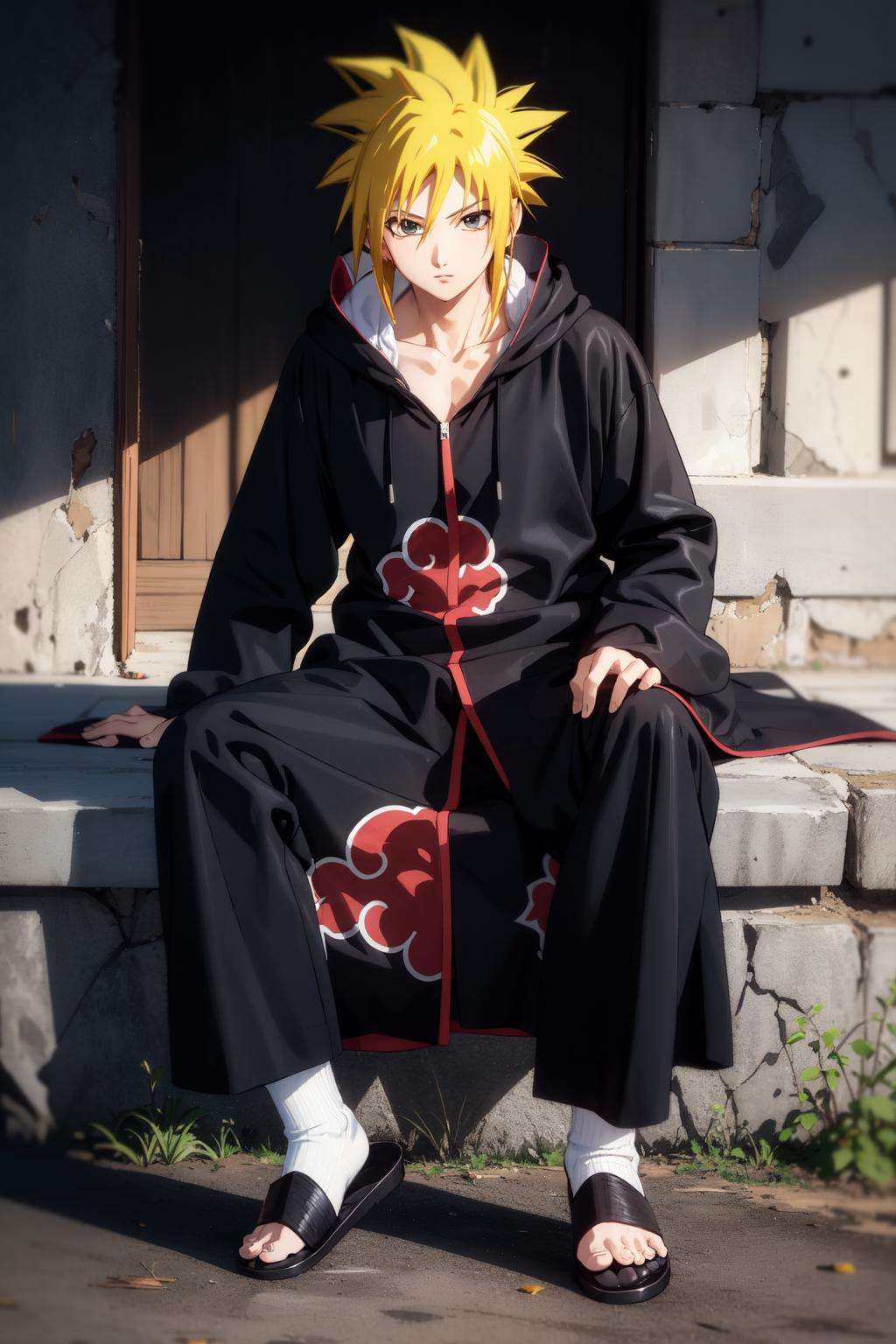 1boy, blonde hair,spiked hair, son goku,black pant, looking at viewer, collarbone,akatsuki outfit , black cloak,long sleeves,robe , black coat, full body ,sitting ,slippers, ninja<lora:akatsuki-08:0.8>