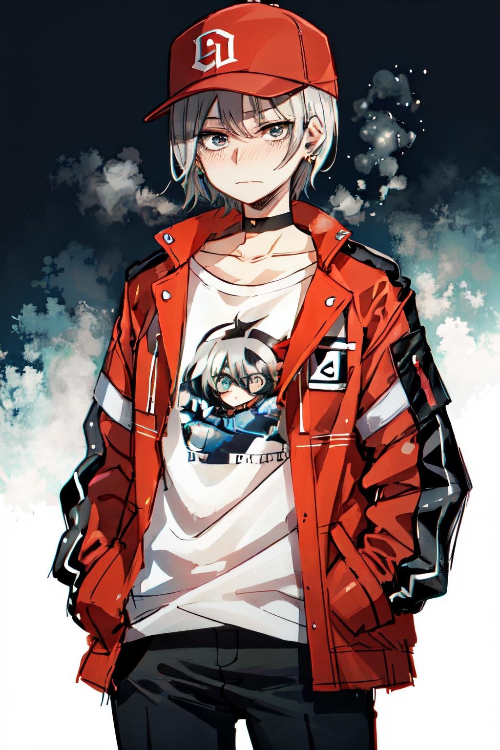 ratatatat74 style, blush,a drawing of a anime woman with gray hair and a red jacket, 1girl, solo, jewelry, hat, black hair, earrings, white background, shirt, jacket, simple background, choker, short hair, hands in pockets, baseball cap, pants, looking at viewer<lora:ratatatat74-offset:1> 