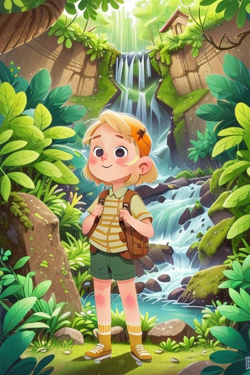 a blonde explorer girl in a forest, waterfall  <lora:COOLKIDS_V2:1>