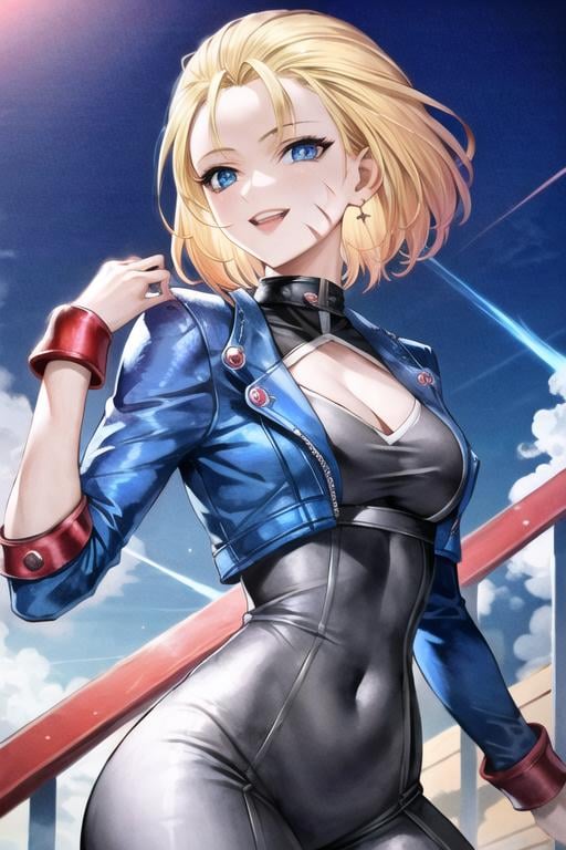 cammy_white , cammy sf6 ,1girl , solo , casual outfit , short hair , blonde hair , blue eyes , outdoor , standing , smile , happy , upper body , scar on face  <lora:cammy:0.7>