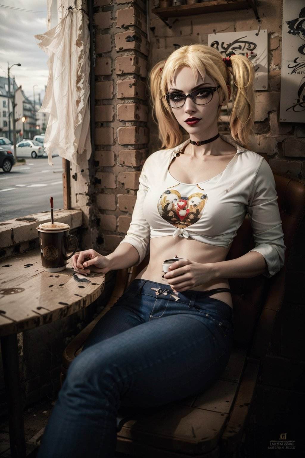 (masterpiece, best quality:1.2), <lora:jeanette-20:0.7>, jeanetteVTMB_soul3142, 1girl, blonde hair, twintails, sunglasses, makeup, lipstick, sweatshirt, full sleeves, pants, pale skin, sitting, indoors, cafe, coffee, table, window, street