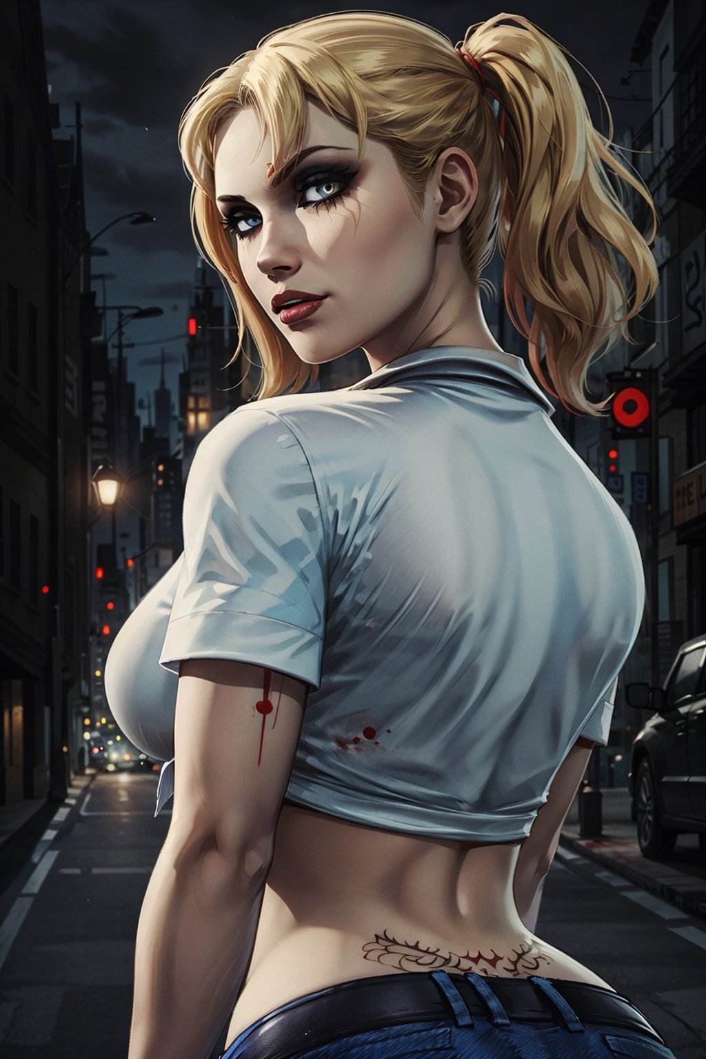 (masterpiece, best quality:1.2), <lora:jeanette-20:0.6>, jeanetteVTMB_soul3142, 1girl, breasts, blonde hair, shirt, solo focus, midriff, looking back, from behind, lips, blood, crop top, tattoo, denim, makeup, night, 