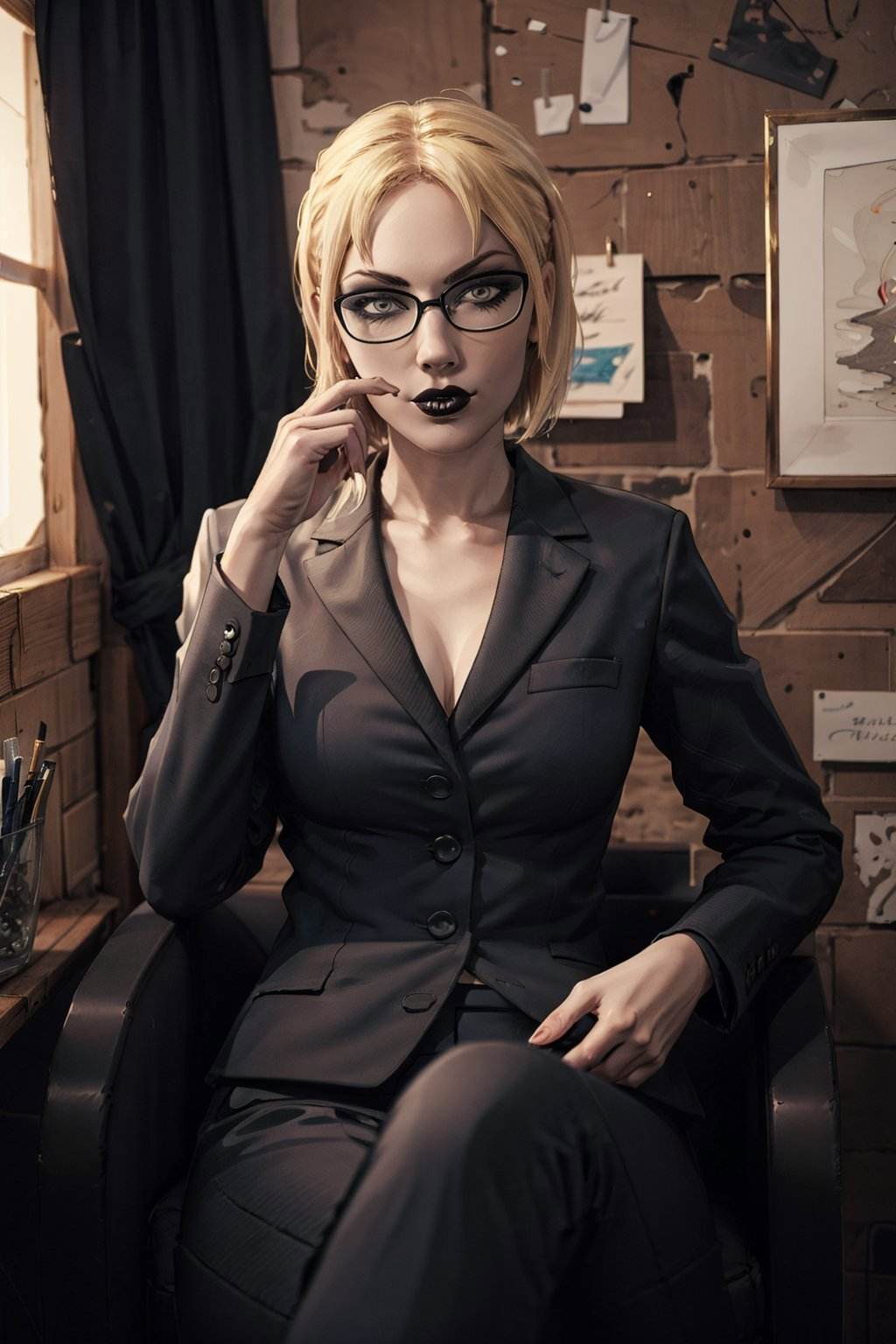 (masterpiece, best quality:1.2), <lora:jeanette-20:0.7>, jeanetteVTMB_soul3142, 1girl, solo, short hair, glasses, formal, (suit:1.1), black suit, pants , black lips, sitting, office, window