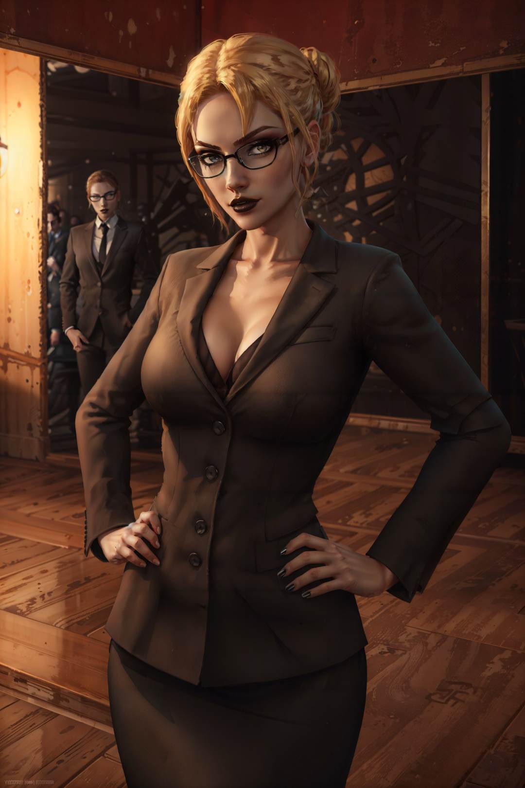 (masterpiece, best quality:1.2), <lora:jeanette-20:0.7>, jeanetteVTMB_soul3142, 1girl, solo, breasts, looking at viewer, blonde hair, glasses, hair bun, formal, suit, black suit, lipstick, pencil skirt, black-framed eyewear, hands on hips, skirt suit, black lips