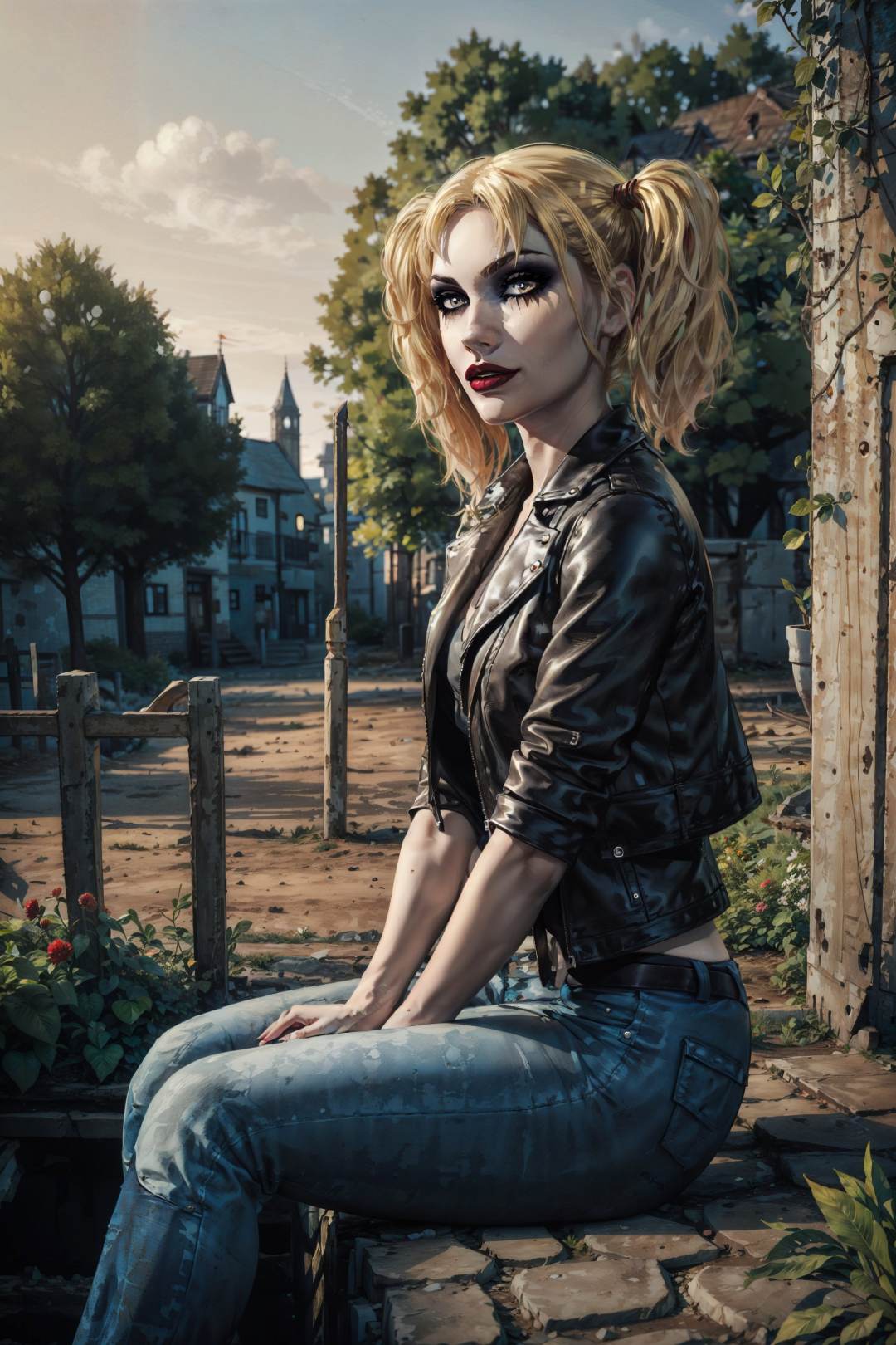 (masterpiece, best quality:1.2), <lora:jeanette-20:0.7>, jeanetteVTMB_soul3142, 1girl,  blonde hair, twintails, makeup, lipstick, leather jacket, pants, pale skin, sitting, outdoors , garden, from side