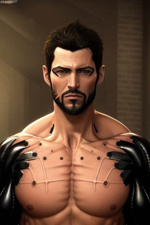 (masterpiece, top quality, best quality, official art, beautiful, detailed, aesthetic:1.2), <lora:adam_jensen-20:0.7>, jensen_dx, solo, short hair, black hair, upper body, abs, pectorals, muscular male, bara, beard, veins, mature male, mustache, cyborg, realistic, Absurdres, hdr, ultra detailed illustration, extremely detailed face, RAW photo, skin pores, trending on deviantart,