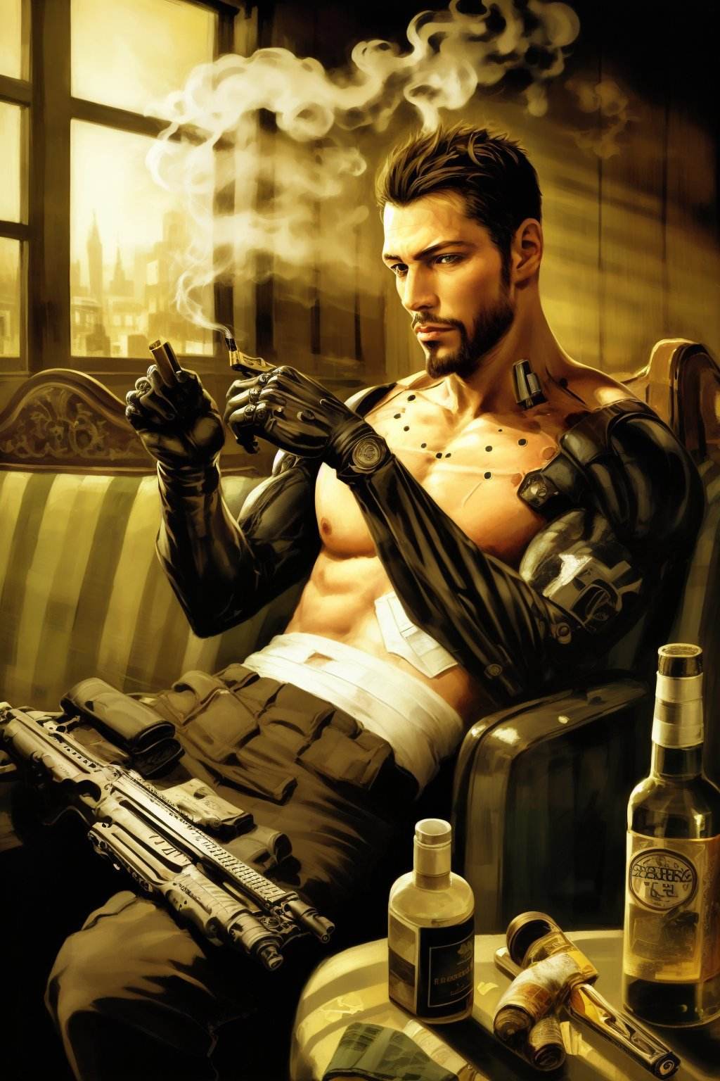 (masterpiece, top quality, best quality, official art, beautiful, detailed, aesthetic:1.2), <lora:adam_jensen-20:0.7>, jensen_dx, solo, black hair, sitting, indoors, gun, window, bandages, bottle, beard, alcohol, drinking glass, cigarette, smoking, assault rifle, mechanical arms, cyborg, realistic, Absurdres, hdr, ultra detailed illustration, extremely detailed face, RAW photo, skin pores, trending on deviantart,