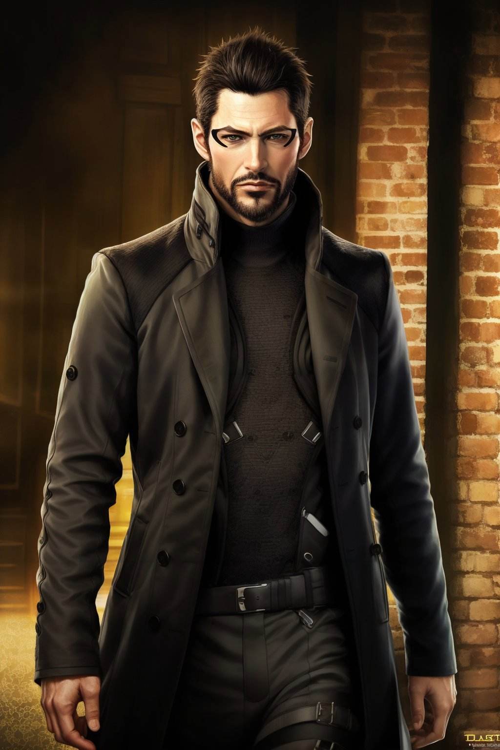 (masterpiece, top quality, best quality, official art, beautiful, detailed, aesthetic:1.2), <lora:adam_jensen-20:0.7>, jensen_dx, solo, looking at viewer, 1boy, closed mouth, upper body, open clothes, open jacket, beard, mustache, black hair, trenchcoat, realistic, Absurdres, hdr, ultra detailed illustration, extremely detailed face, RAW photo, skin pores, trending on deviantart,