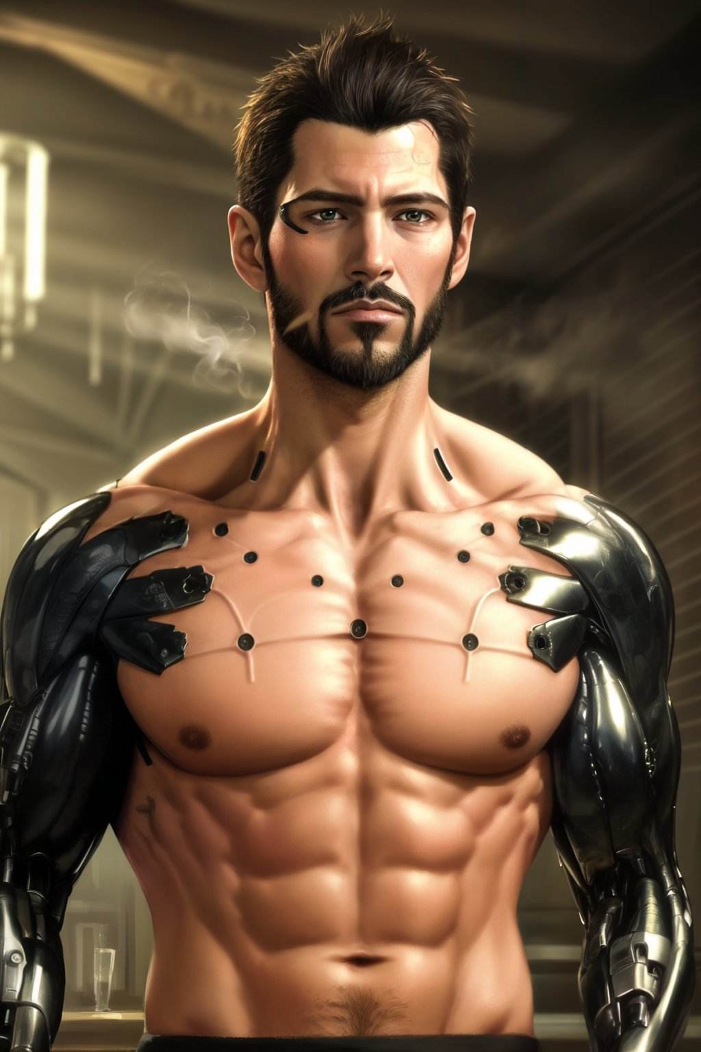 (masterpiece, top quality, best quality, official art, beautiful, detailed, aesthetic:1.2), <lora:adam_jensen-20:0.7>, jensen_dx, solo, black hair, beard, mustache, smoke, upper body, indoors, abs, pectorals, mechanical arms, muscular male, realistic, cyborg, Absurdres, hdr, ultra detailed illustration, extremely detailed face, RAW photo, skin pores, trending on deviantart,