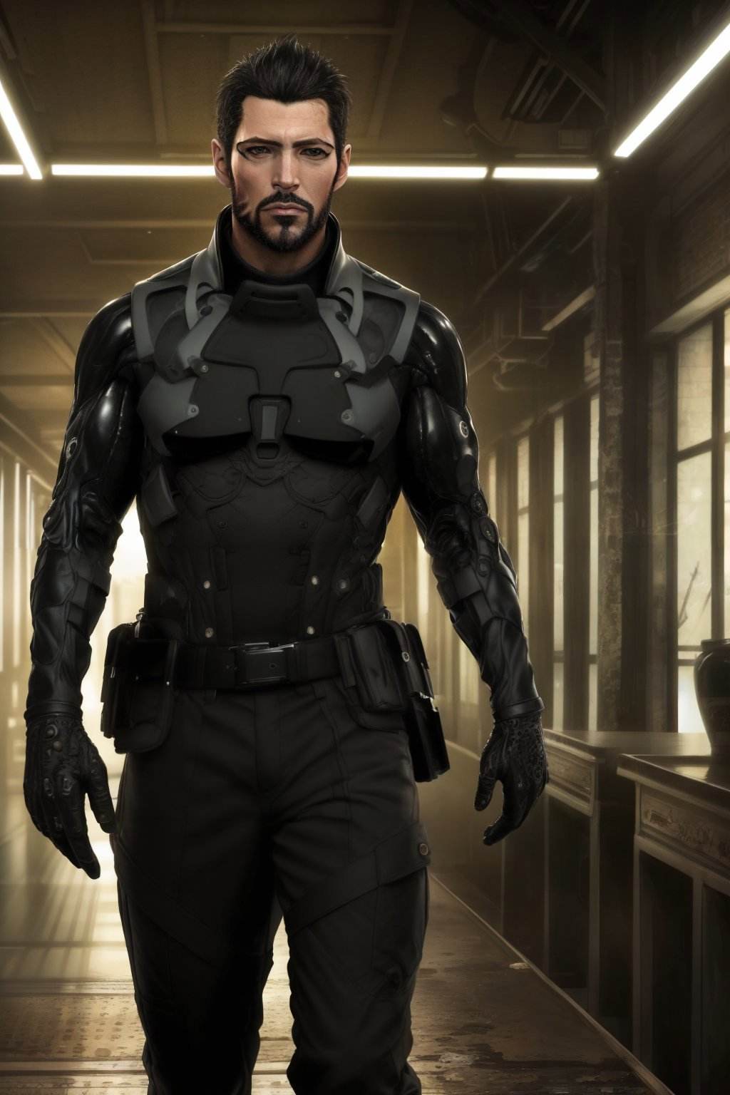 (masterpiece, top quality, best quality, official art, beautiful, detailed, aesthetic:1.2), <lora:adam_jensen-20:0.7>,jensen_dx, solo, short hair, black hair, belt, pants, indoors, black pants, beard, science fiction, mature male realistic, Absurdres, hdr, ultra detailed illustration, extremely detailed face, RAW photo, skin pores, trending on deviantart,